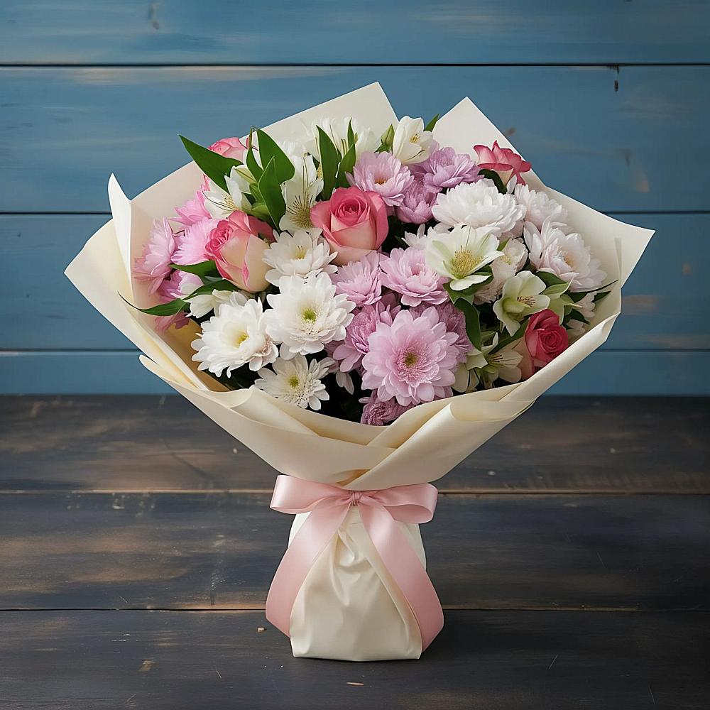 Букет цветов из: Хризантемы, Альстромерии и Розы в Ивне